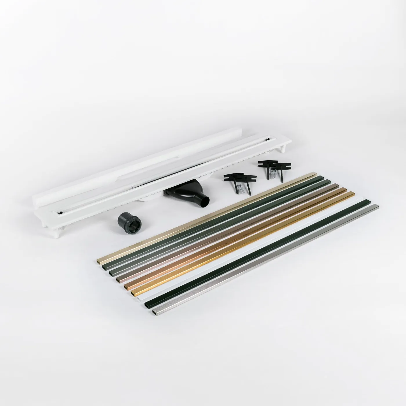 Obsah all-in-one balení žlabu Carrodrain Liquid s roštem ve 12 barvách